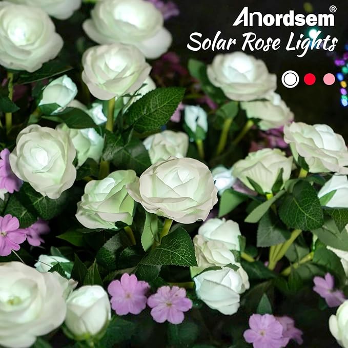 Anordsem Solar Garden Lights Outdoor: 20 Artificial Fabric White Roses Flowers 4 Pack- LED Flower Decorations for Cemetery Grave Pathway Yard- Valentine's Day Gifts for Women, Wife and Mother