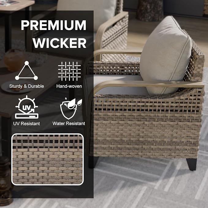 COOS BAY Modern Wicker Outdoor Furniture Set, 4 Piece Patio Conversation Set with 2 Patio Chairs, a 3 Seat Couch and Side Table, 4 Piece, Brown/Gray