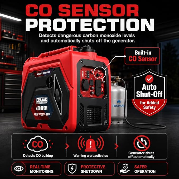 ERAYAK 4500W Dual-Fuel Portable Inverter Generator for Home Use, Camping Outdoor, 30A RV Ready, Auto Switch, Gas and Propane Powered, EPA, CO Sensor, Parallel Ready, Campact Design