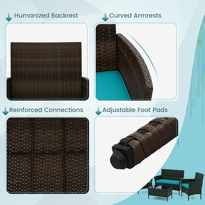 DORTALA 4-Piece Rattan Patio Furniture Set, Outdoor Table & Chair Set with Tempered Glass Coffee Table, Cushion, Wicker Conversation Set for Garden, Lawn, Poolside and Backyard, Turquoise
