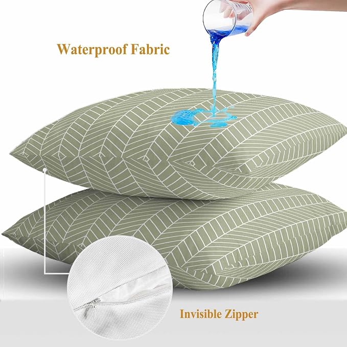 Outdoor Waterproof Throw Pillow Covers Set of 2 Sage Green Chevron Stripes Pillowcases 20x20 Inches Modern Geometric Texture Decorative Pillows Cushion Case Patio Pillows for Couch Bed Chair Garden