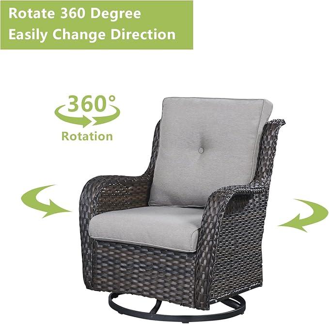 Outdoor Patio Swivel Rocker Chairs - 3 Piece Patio Bistro Set, Wicker Patio Furniture Set with 2 Swivel Rocking Chairs and 1 Glass Top Side Table for Deck Porch Garden, Brown/Grey