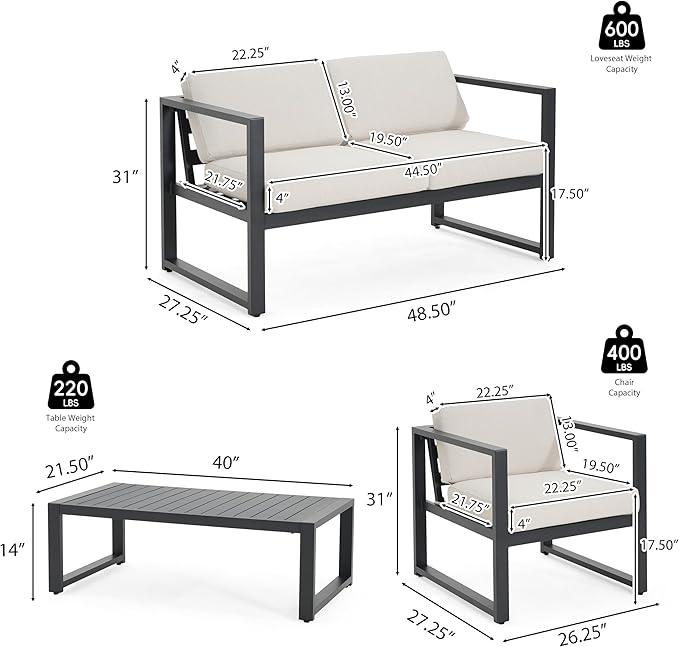 Christopher Knight Home Tundr Outdoor 4 Seater Chat Set with Coffee Table, Patio Conversation Sets, Sectional Aluminum Furniture Set with Cushions, 2 Chairs and Loveseat Set, Black Finish + Beige