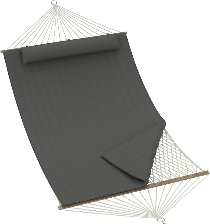 2 Person Outdoor Hammock with Stand - Cotton Rope & Polyester Pad - Adjustable Steel Frame - Sturdy & Cozy for Patio, Backyard, Garden, Beach - Dark Gray
