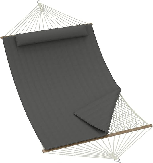 2 Person Outdoor Hammock with Stand - Cotton Rope & Polyester Pad - Adjustable Steel Frame - Sturdy & Cozy for Patio, Backyard, Garden, Beach - Dark Gray