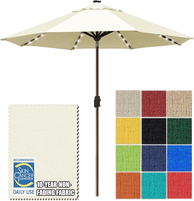 EliteShade USA 10-Year-Non-Fading 10ft Market Patio Umbrella, Commercial Grade Table Sun Umbrella with 80 Solar LED Lights, Crank Open, Windproof & UPF 50+ UV Protection for Garden, Deck, Pool, Backyard, Natural