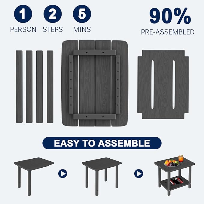 nevilywood 2-Tier End Table, Outdoor Adirondack Side Tables, Whether resisted HDPE, Wood Texture - Poolside, Patio,Lawn & Grey