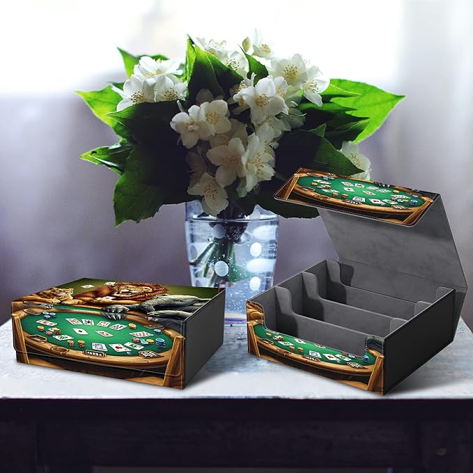 Card Deck Box for MTG, Cards Storage Box Fits 120+ Sleeved, Leather Big Size Strong Magnetic Closing Case for Board Games Magic TCG CCG Baseball Collection Women Man, Elephant Lion