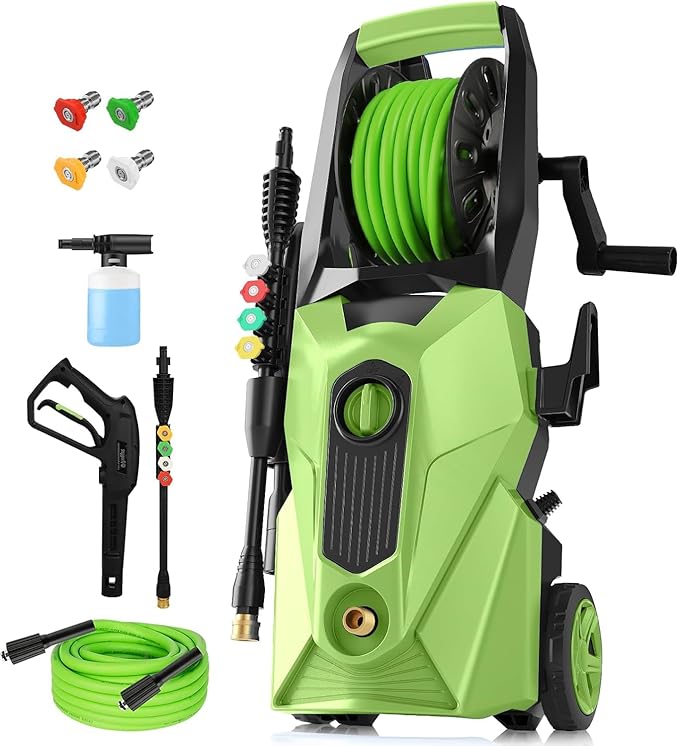 Pressure Washer 5000 PSI,2.8 GPM Power Washer with Foam Cannon,Portable Cleaner with 33ft Hose Reel,4 Nozzle Tips,and Soap Bottle for Cars/Home/Driveways/Patios/Decks/Fences,Green