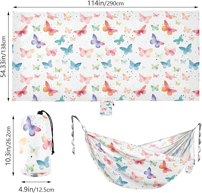Camping Hammock Outdoor Hammocks for Outside Butterfly Watercolor White Beach Trees Portable Lightweight with Pockets Tree Straps Indoor