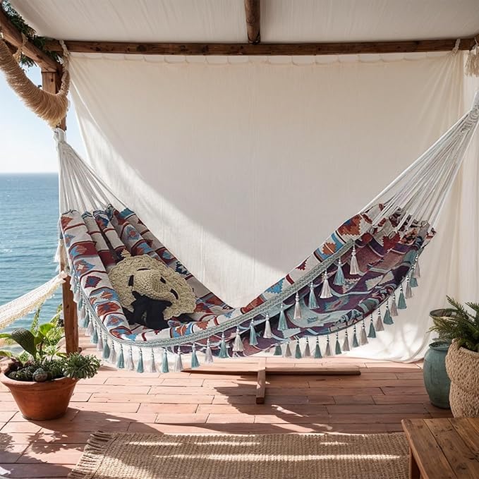 Double Boho Macrame Hammock with Tassels, Portable Patio Hammock with Carry Bag for Poolside, Camping, Porch Patio, Bedroom, Balcony, Outdoor＆Indoor（59''*79''）