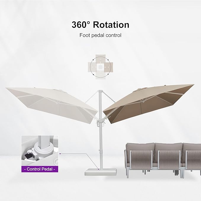 PURPLE LEAF 8' X 11.5' Right-left Tilt White Cantilever Umbrella with Base Patio Outdoor Swivel Umbrellas with Aluminum Tilt Offset Umbrella with 360° Rotation for Deck Pool, Beige