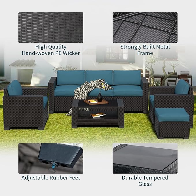 7 Pieces Patio Furniture Set Wicker Outdoor Furniture All-Weather Outdoor Sofa with Thick Cushions & Coffee Table Patio Conversation Set for Lawn, Patio, Balcony, Deck, Poolside (Brown & Peacock blue)