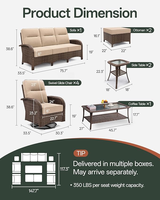 10-Piece Patio Furniture Set with 6-Inch Thick Cushions, High Back Outdoor Couch and Swivel Rocker Chairs, All-Weather Conversation Set for Porch, Deck, Yard, Pool in Beige