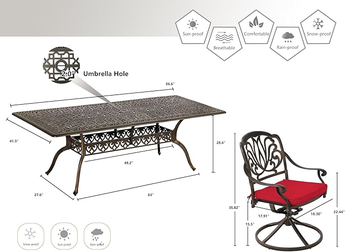 Grepatio 9 Piece Cast Aluminum Patio Furniture Set Outdoor Dining Set Bistro Furniture Set with 8 Swivel Chairs and Dining Table with Umbrella Hole, Cushions for Backyard Garden Poolside (Red)