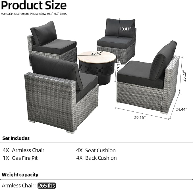HOOOWOOO 6-Piece Outdoor Wicker Patio Furniture Set, All-Weather Rattan Sectional Sofa Chairs with Fire Pit and Side Table, Modern Garden Conversation Set for Patio, Porch, and Backyard (Black)