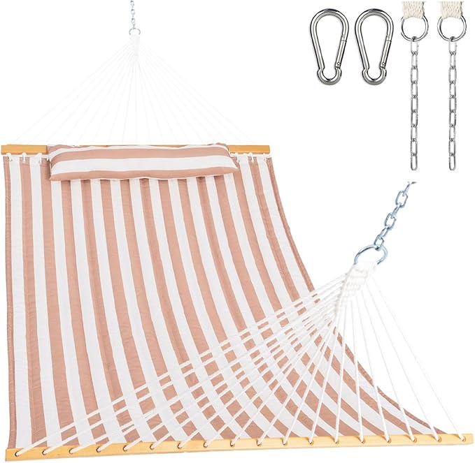 Lazy Daze 12 FT Quilted Double Hammock with Spreader Bar, 2-Person, Outdoor Hammock for Patio, Poolside, Backyard, Beach, 450 lbs Capacity, Beige White