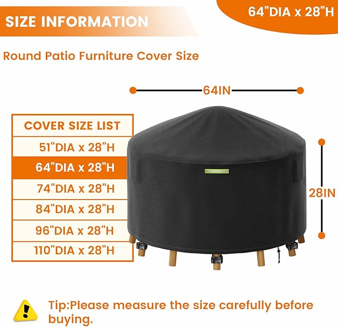 64 Inch Round Patio Furniture Covers with Support Pole, 800D Heavy Duty Waterproof Tear-Resistant Polyester Round Outdoor Table Cover