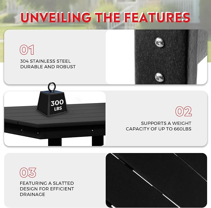 Costaelm Outdoor Patio Table, Outdoor Dining Table for 4, Weather Resistant Square Patio Table with Umbrella Hole for Garden, Poolside, Porch, Black