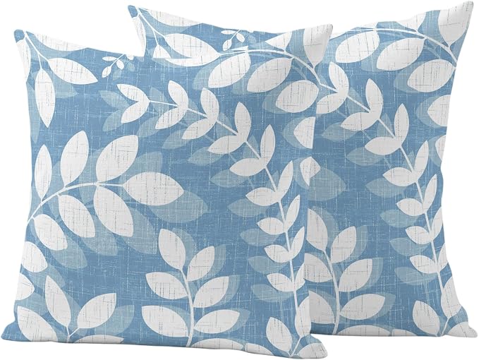 Sky Blue Leaves Outdoor Waterproof Throw Pillow Covers 20x20 Set of 2, Farmhouse Botanical Branch Vintage Boho Leaf Decorative Pillowcases Cushion Pillowcase for Couch Sofa Patio Pillow Protector