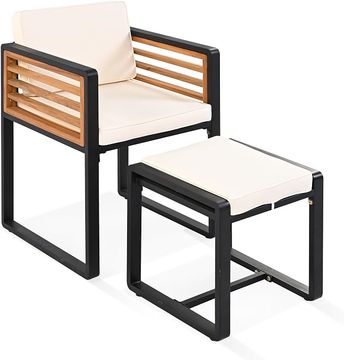18-Piece Outdoor Patio Acacia Wood Dining Table Set, 2 Square Table with 8 Cushioned Chairs& 8 Stools, All-Weather Resistant Conversation Set with Metal Frame, Space-Saving Design for 8 (Beige-18P)