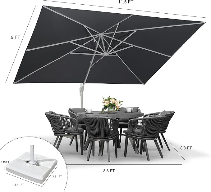 PURPLE LEAF 10' × 13' Patio Umbrella With Base White Cantilever Umbrella Square Outdoor Offset Umbrella Windproof with 360° Rotation for Garden Deck Pool, Light Grey