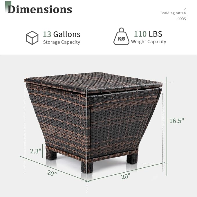 Outdoor Side Table with Storage, 13 Gallon Outdoor Bin Storage Container for Hose Cushion Towel, Patio Wicker Side Table (Brown)