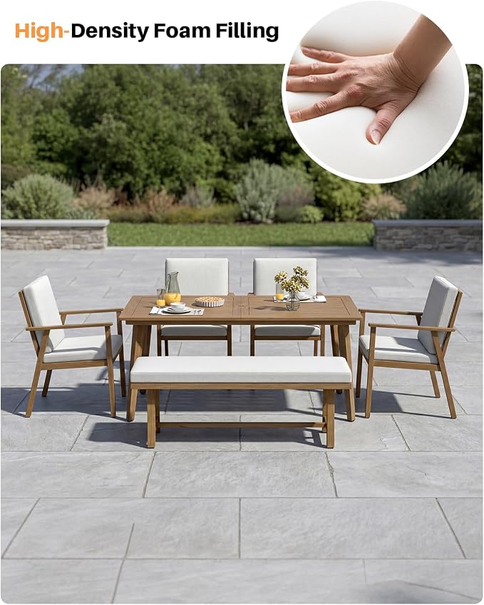 6-Piece Outdoor Dining Set, Aluminum Outdoor Table and Chairs Set with 4 Dining Chairs & Backless Bench, Weather-Resistant Bench Dining Table Set with Removable Cushions for Garden, Deck, Teak