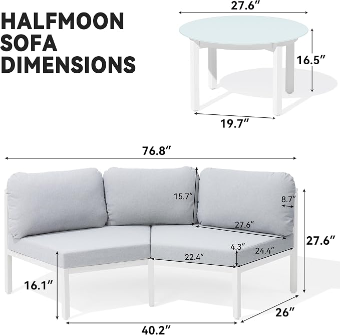 Crestlive Curved Patio Furniture Set, Modular Half Moon 6-Seater Sofa with Round Coffee Table, Aluminum Outdoor Sectional with 4.3" Cushions, All-Weather Couch for Backyard, Deck, Porch, Poolside
