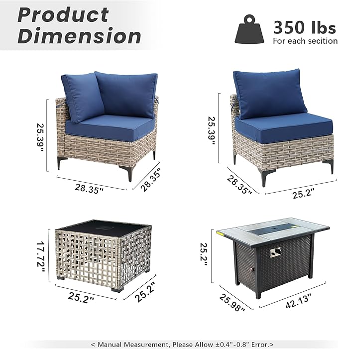 Outdoor Patio Furniture Sets,6 PCS Patio Conversation Set Outside Rattan Sectional Sofa with 42 in Fire Pit Table&Coffee Table Fit Backyard Porch Garden Poolside Balcony