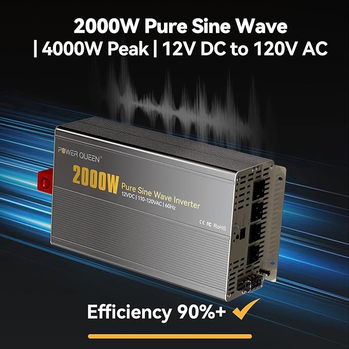 Power Queen 2000W Pure Sine Wave Inverter, Solar Power Inverter 12V DC to 110V-120V AC Converter with 2 AC Outlets, LCD Display for Off-Grid Solar Power System, RV, Truck, Home Appliances