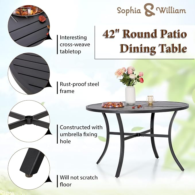 Sophia & Willliam Oversized Outdoor Dining Set 5 Piece Metal Patio Table and Chairs Set with 4 Large Padded Patio Dining Chairs & 42" Round Dining Table, Deck,Lawn,Kitchen Furniture