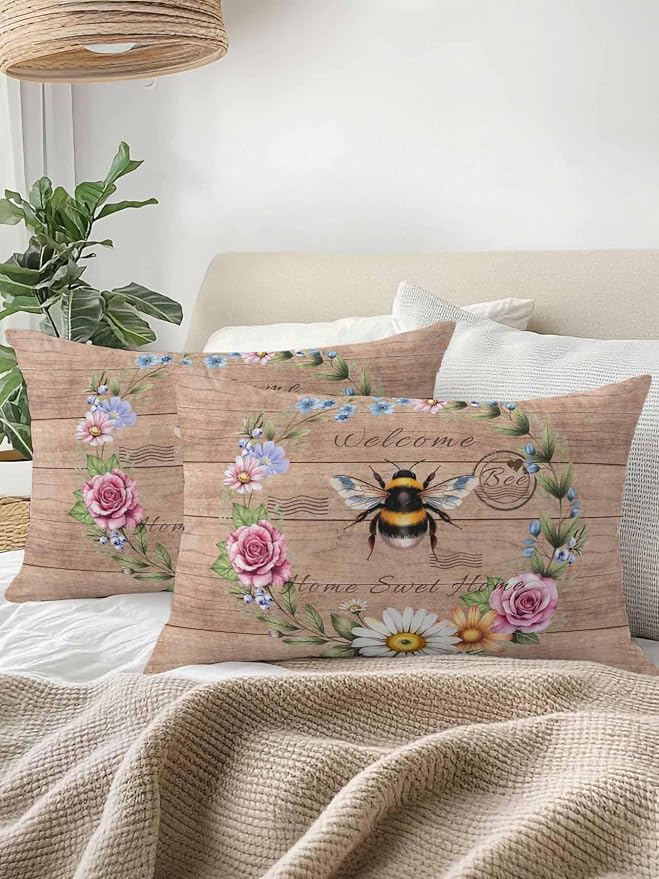 Outdoor Waterproof Throw Pillows Farmhouse Bee Flower Wreath Patio Pillows Pack of 2,Decorative Pillow Covers with Insert,Pillow Cushion Case for Garden Couch Sofa Farm Retro Wood Board