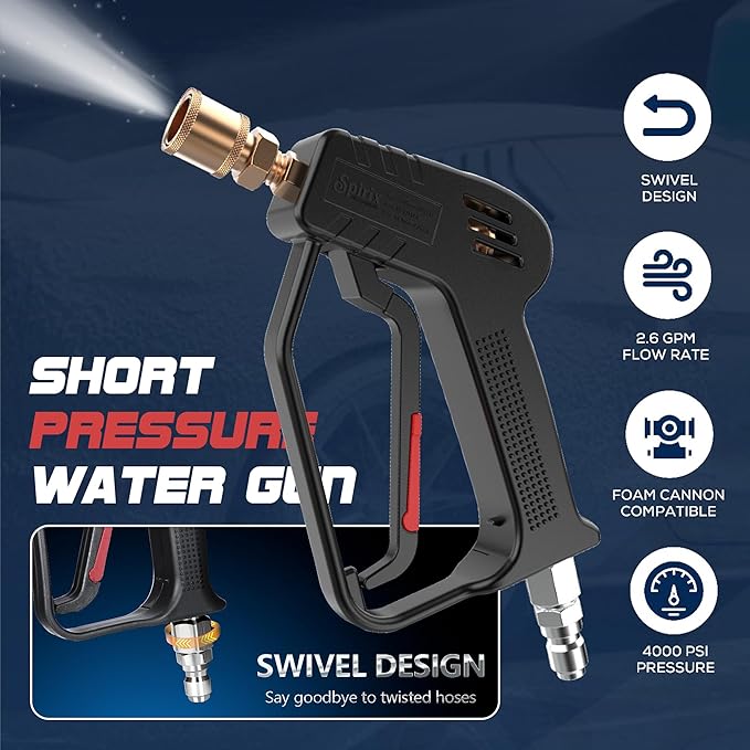 Pressure Washer Gun - 4000 PSI Short Power Washer Gun with 360° Swivel, 3/8" Quick Connect, Heavy Duty Spray Handle for Foam Cannon Car Wash Detailing (Pressure Washer Gun)