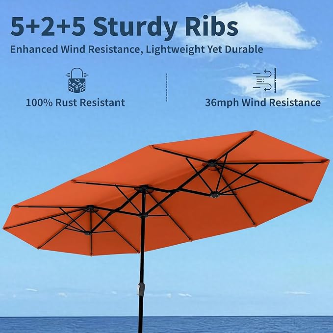 15FT Double Sided Patio Umbrella with Base Included Large Outdoor Market Umbrella with Crank Handle, UV Resistant Canopy, Sturdy Frame for Garden, Poolside, Deck, Terracotta