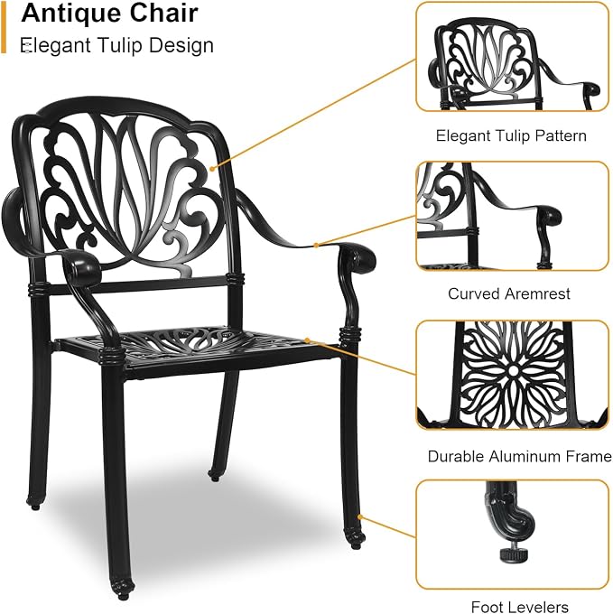 5 Piece Cast Aluminum Patio Dining Set, All Weather Outdoor Dining Furniture Set Includes 4 Chairs and 1 Round Table with Umbrella Hole for Garden,Deck, Balcony,Backyard, Black