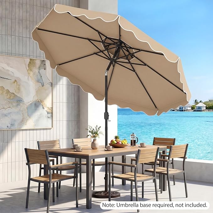 Happygrill 10 FT Patio Umbrella, Scalloped Outdoor Table Market Umbrella with Push Button Tilt & Crank, 2-Tier Vented Top, Heavy-Duty 8 Metal Ribs, Sun-Protective Canopy, Ruffle for Deck Pool Garden (Brown)
