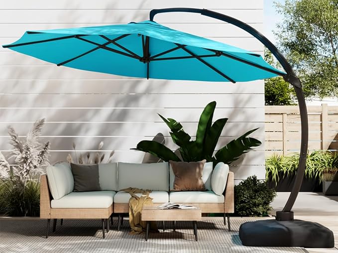 ENSTVER 11FT Cantilever Patio Umbrella With Base Included, Round Large Aluminum Outdoor Cantilever, Heavy Duty Offset Umbrella with 360°Rotation for Pool, Deck, Backyard, Garden(Lake Blue)