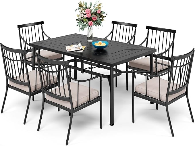 Sophia and William Patio Dining Set, 7 PCS | E-Coated and Steel, Rectangle Table, Straight Legs Chairs, 1.77" Umbrella Hole, Weather-Resistant, Easy to Clean