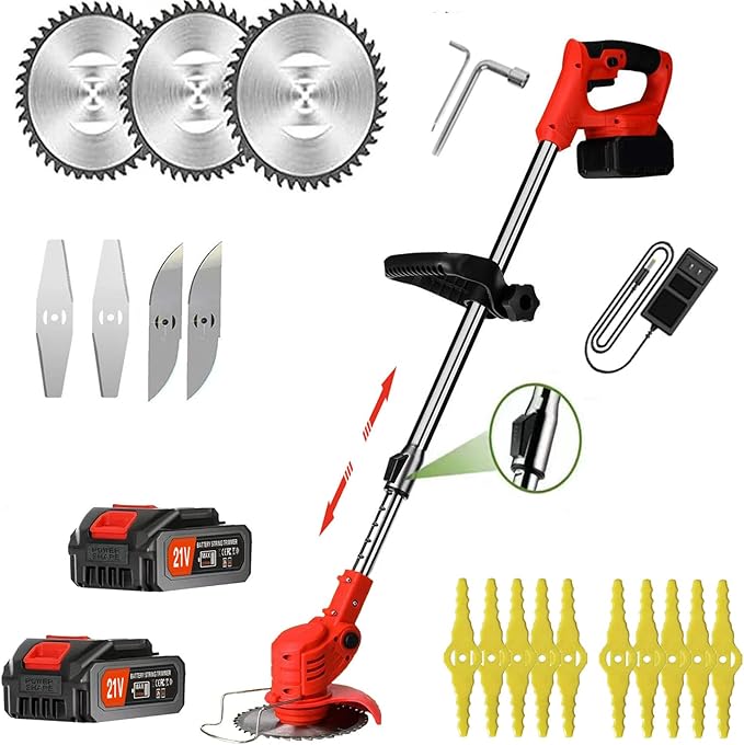 Weed Wacker, Electric Weed Wacker Cordless Trimmer,Grass Trimmer Stingless Lightweight Grass Weedeater Battery Powered 3 Types Blades,2 Batteries, 1 Chargerfor Lawn, Yard, Garden (red)