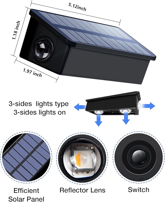12 Pack 3-Side Solar Fence Lights Outdoor Waterproof with Cool White LED Spot Lens, for Wall, Deck, Patio, Yard, Rail, Garage, Pool, Designed for Enhanced Security, Easy Install