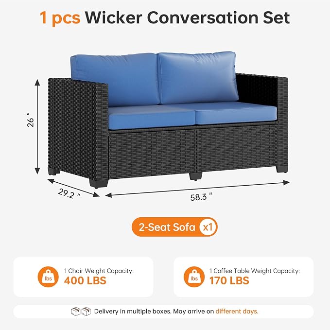 LazySunsets 1-Piece Outdoor Patio Furniture Set, Rattan Outdoor Sectional with Thick Waterproof Cushions, Wicker Ottomans & Waterproof Cover, Patio Conversation Set for Garden, Backyard, Navy Blue