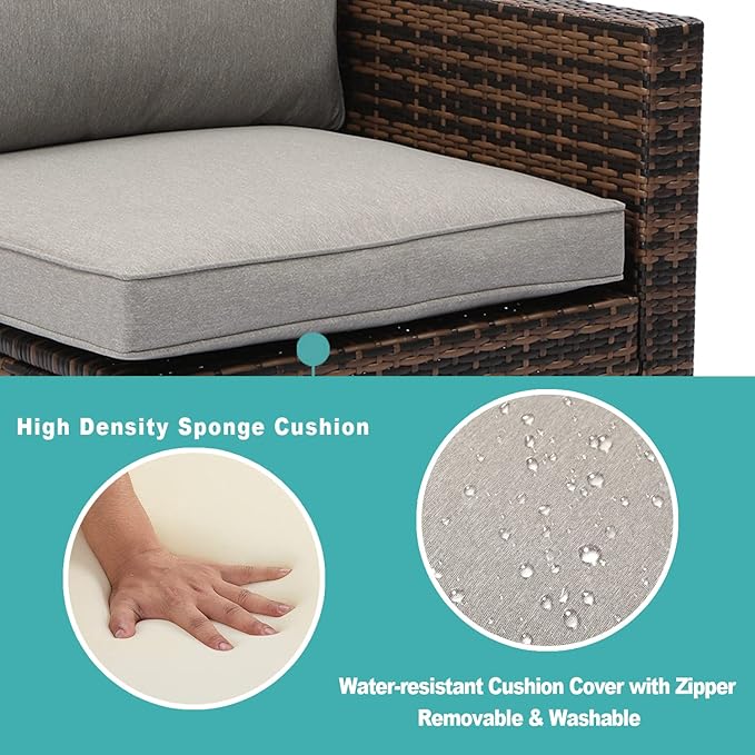 COSIEST 5-Piece Outdoor Furniture All-Weather Mottlewood Brown Wicker Sectional Sofa w Warm Gray Thick Cushions, Glass-Top Coffee Table, Patio