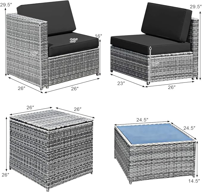 RELAX4LIFE 8-Piece Patio Furniture Set - PE Wicker Conversation Set w/Soft Cushions & Tempered Glass Storage Table, Outdoor Sectional Sofa Set for Garden, Poolside, Backyard (Black)
