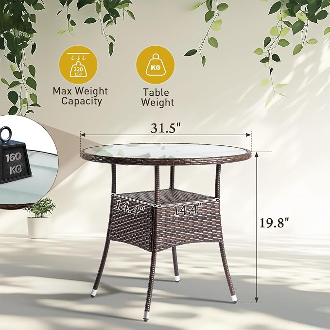 31.5" Patio Rattan Dining Table, Outdoor Patio Wicker Round Dining Table, Frosted Glass Tabletop,Double-Layer Storage, Fits 4-Person Dining for Backyard Deck Porch Poolside, Brown
