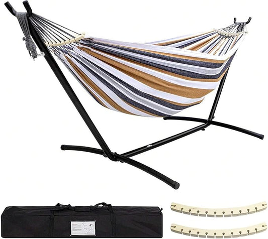 Double Hammock with Stand, 450lb Capacity, Steel Stand, Anti-Roll Balance Beam, Carry Bag Included, Coffee Brown, Brazilian Style
