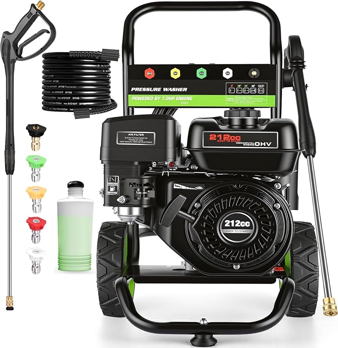 Professional 4200PSI 4GPM 212CC Gas Pressure Washer, 7.0HP Heavy-Duty 3600RPM Commercial Gas Power Washer with 1000ML Foam Bottle 8" Wheels 5 Nozzles 25FT Hose (EPA/CARB/ETL Compliant), Black