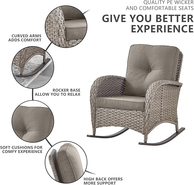 Belord 6 Pieces Wicker Patio Furniture Set with Patio Rocking Chairs, High Back Patio Conversation Set Outdoor Loveseat Glider with Ottoman and Rattan Side Table for Sunroom Deck Backyard