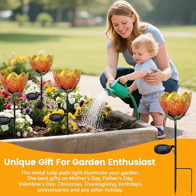 Outdoor Solar Tulip Light, Crackle Globe Glass Metal Flower Decorations Lights for Lawn Ornaments, LED Lotus Hollow Petal Stake Light for Patio Yard Lawn Walkway Ground (Tulip - 2pcs)
