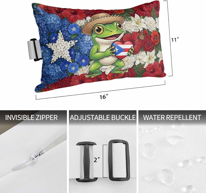 Outdoor Chair Pillow Headrest for Patio Pool Chaise Lounge, Funny Frog Recliner Head Pillow, Farmhouse Red Blue Floral Puerto Rico Flag Waterproof Pillowcases Neck Lumbar Pillows & Insert 12x20x2pcs